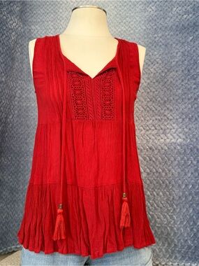 Knox Rose Red Sleeveless Boho Tunic with Embroidered Trim